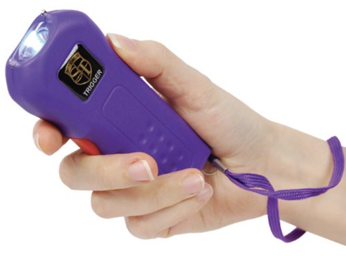 SQUEEZE Rechargeable LED Stun Gun PURPLE Walker Jogger Safety 911 POLICE 75 MV
