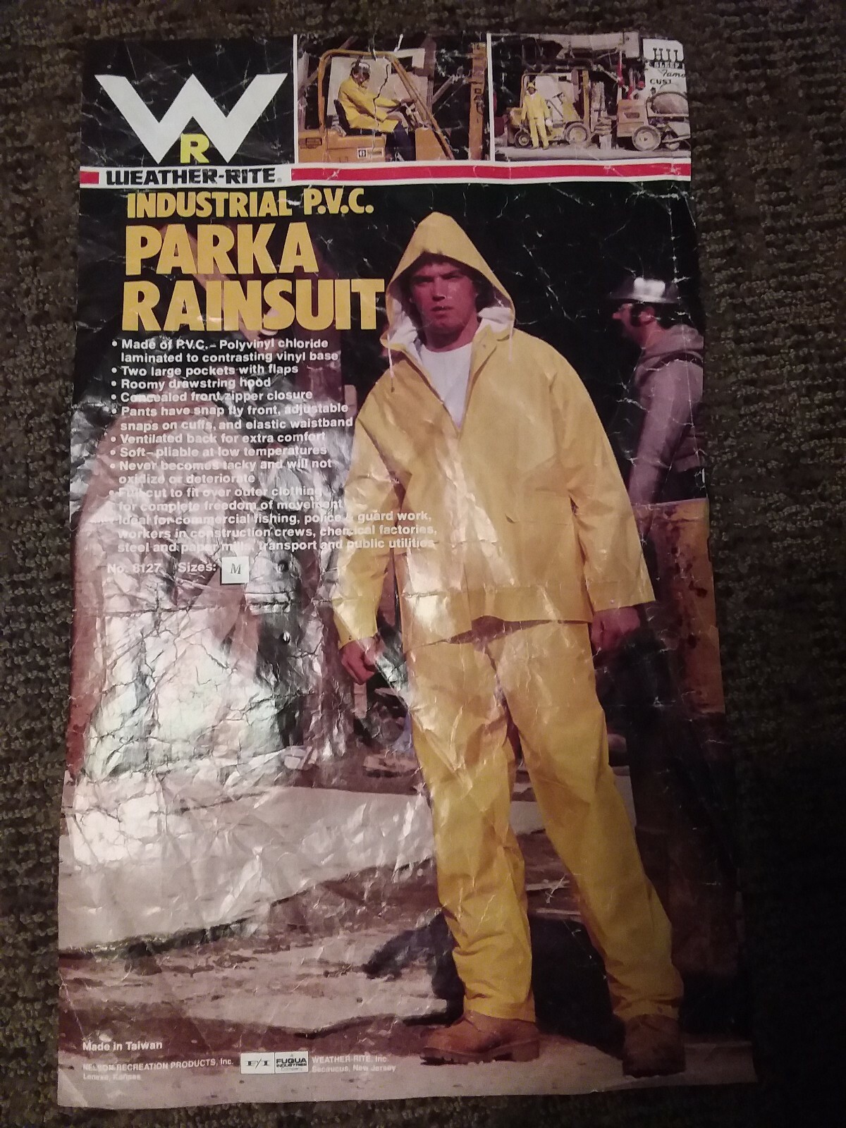 NOS Weather-Rite Fabric / PVC Coated 2 Pc + Hood Heavy Duty Rainsuit, Size M
