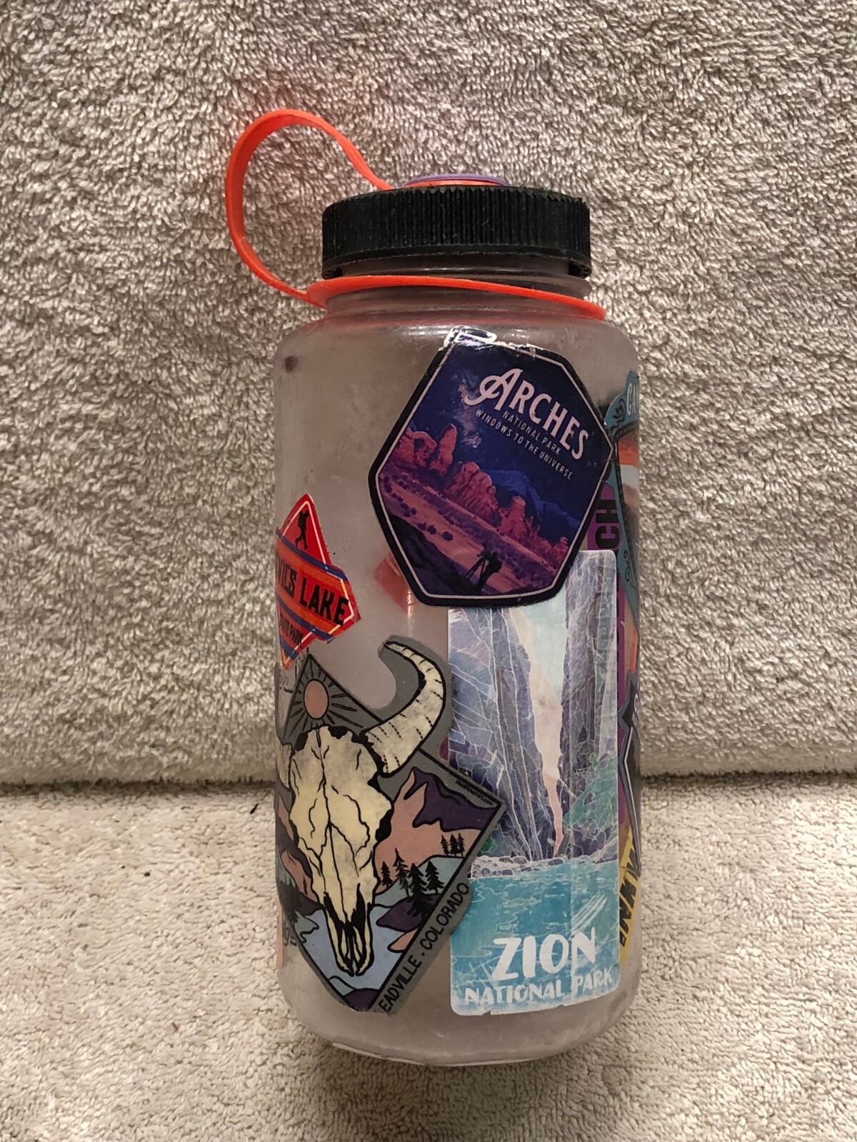 8 1/4 in tall empty bottle container by Nalgene with many National Parks Sticker