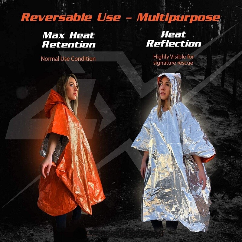 1-20 Emergency Survival Raincoat Reusable Mylar Thermal Blanket Poncho Whistle