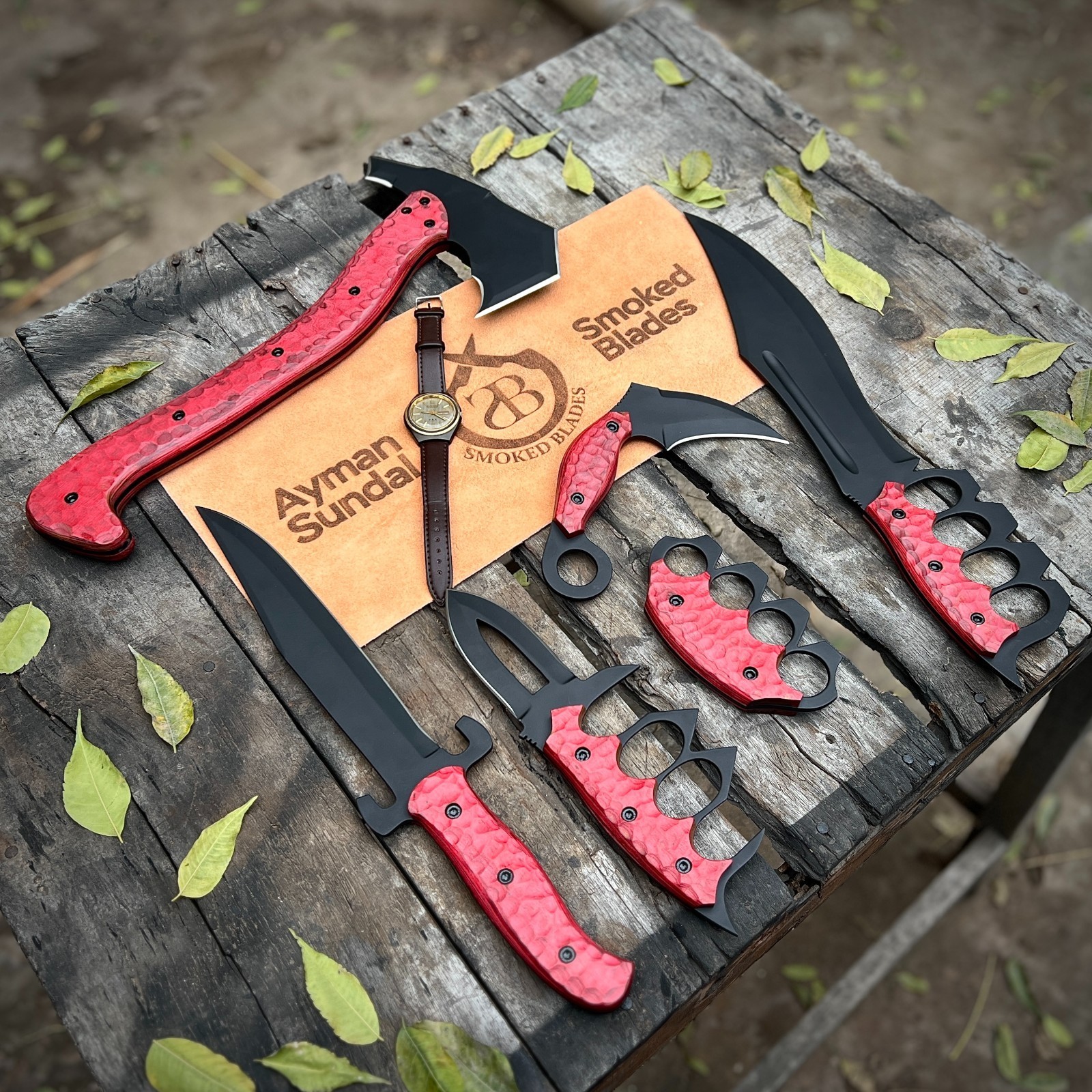 Survival Set Viking Axe Knife & Blade Decorative Display Knives with Red Handles