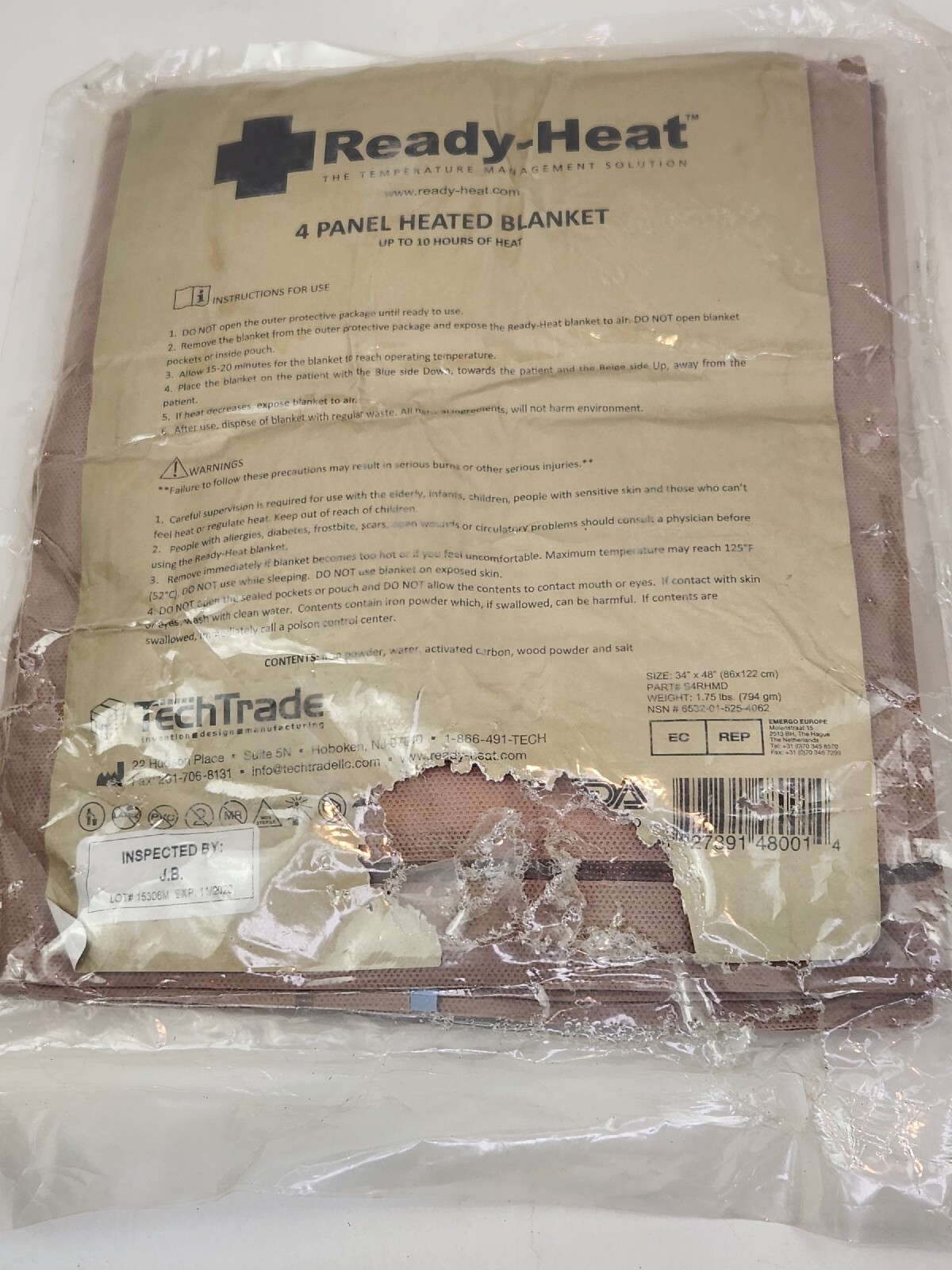 Ready-Heat 4 Panel Heated Disposable Emergency Blanket *DAMAGED OUTER PLASTIC*