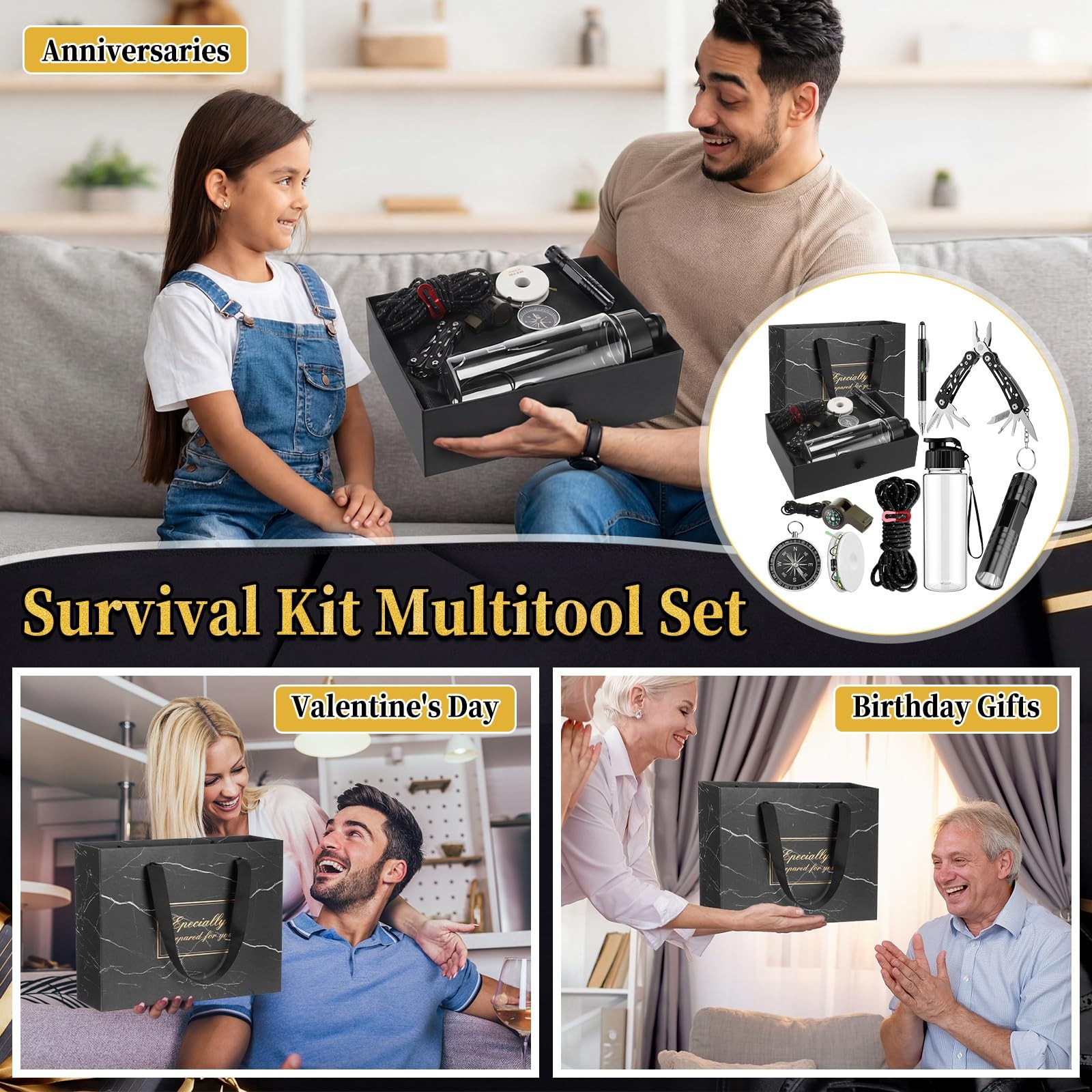 Singhoow 9 Pcs Father Gifts Basket for Men Survival Kit, Birthday Gift Clear
