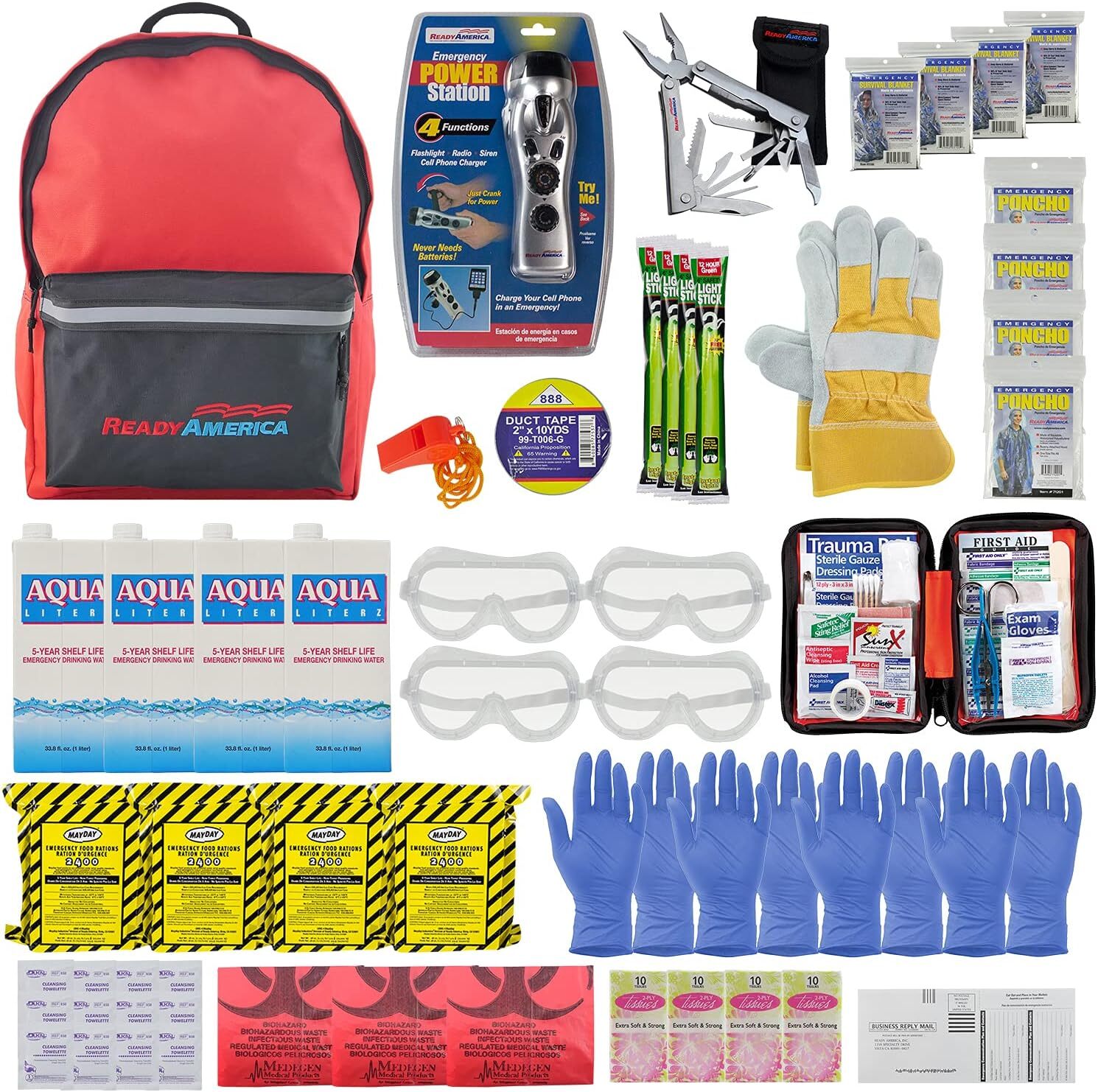 72 Hour Deluxe Emergency Kit, 4-Person 3-Day Backpack, First Aid Kit, Survival B