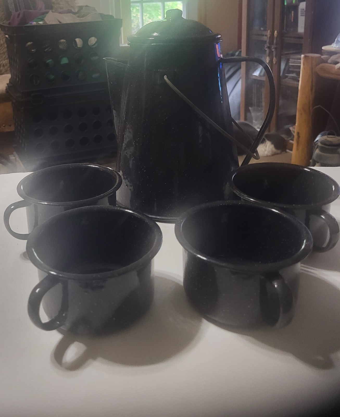 Black Enamel Speckled Coffee Pot (no Perkulater) And 4 Coffee Cups
