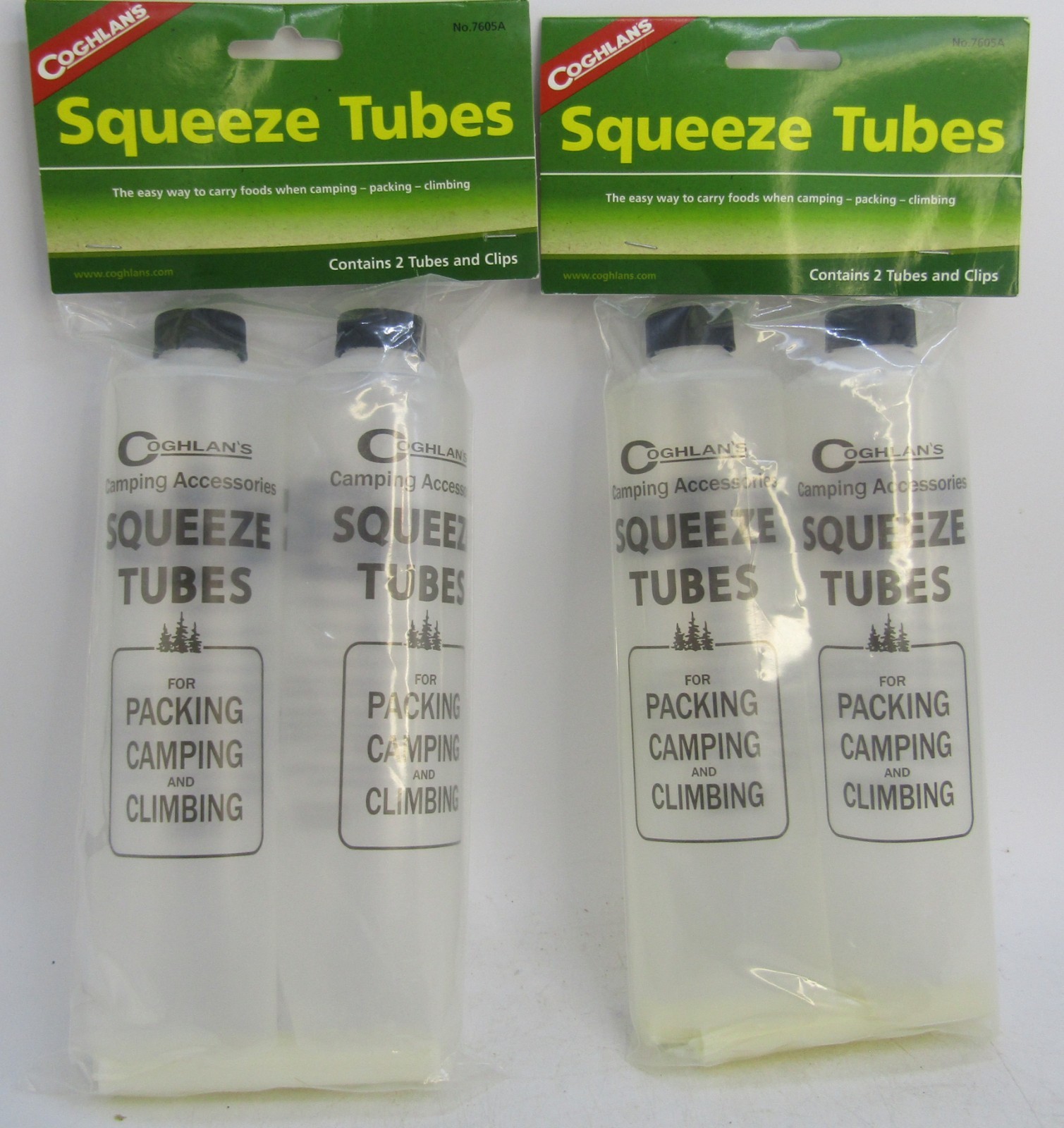 Coghlans No.7605A Camping Accessories, Squeeze Tubes with Clips New. Set of 2.
