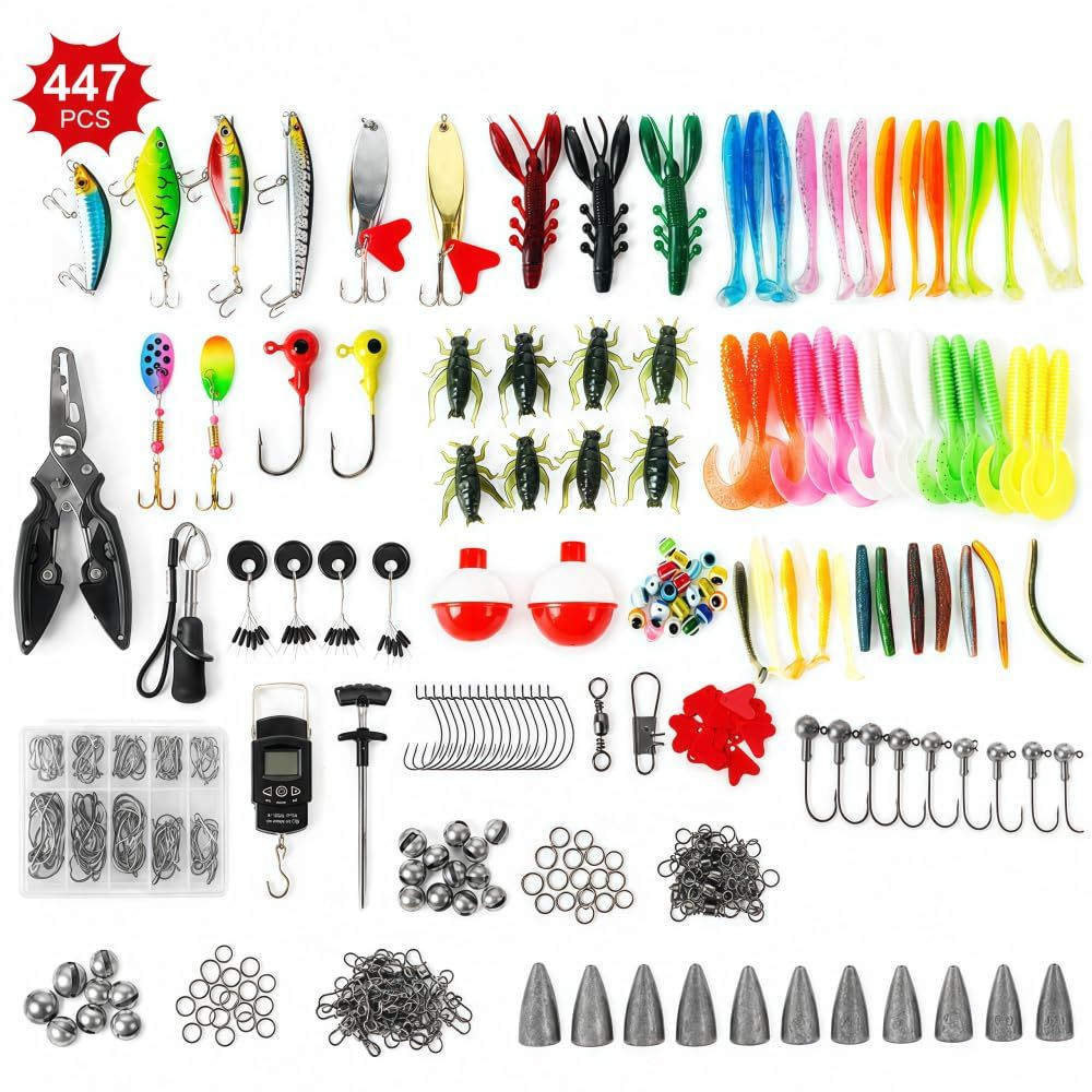CALVES 447Pcs Fishing Lures Kit with 3-Layer Tackle Box, Black and white