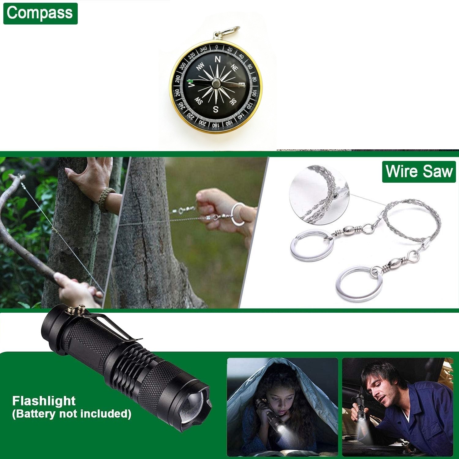 16Pcs Emergency Survival Kit Tactical Pen Spork Compass Camping Hiking First Aid