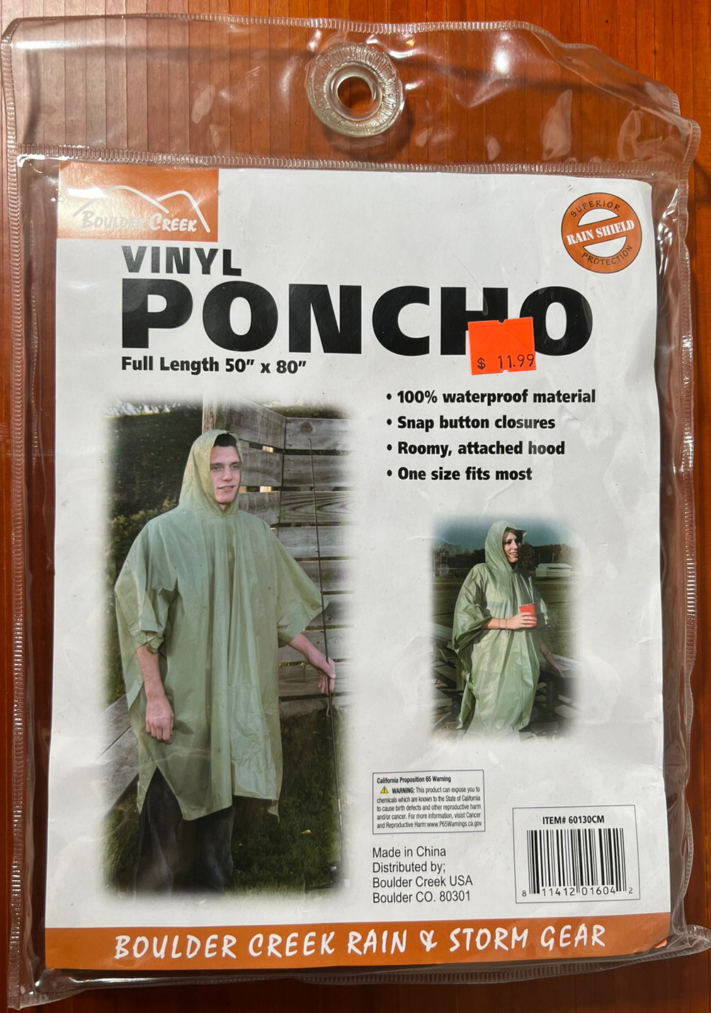 Waterproof Vinyl Rain Poncho Full Length 50″ x 80″ Boulder Creek Green