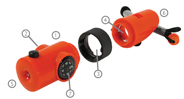 (2) 7 in 1 Whistle Compass Thermometer LED Magnifier Survival Orange Flashlight