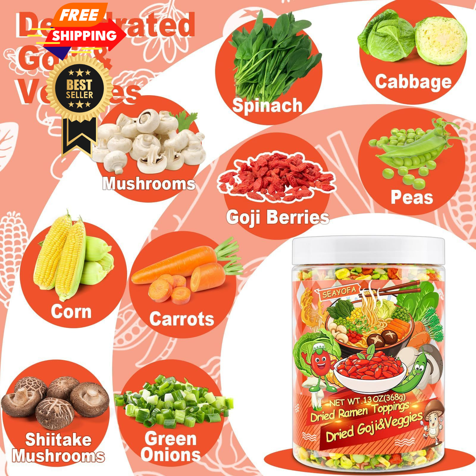 13oz Mixed Dehydrated Goji & Vegetables, 9 Kinds Dried Ramen Toppings with…