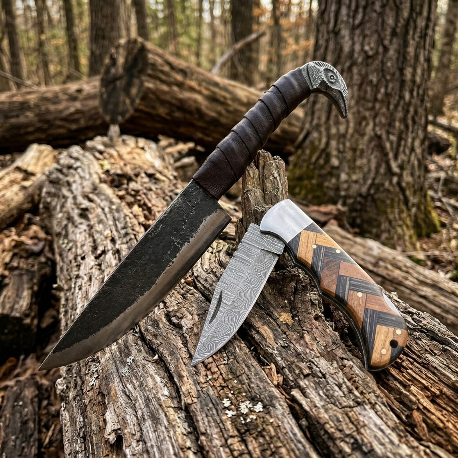Handmade Sons of Odin Viking Knife Set | Norse Raven Head Knife Combo Gift