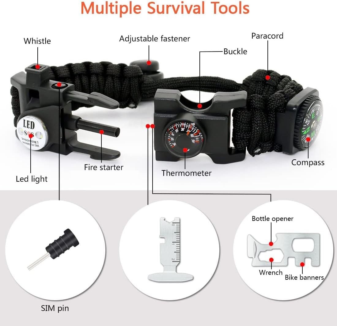 20 in 1 Survival Paracord Bracelet Adjustable Gear Kit with SOS LED Light Fire
