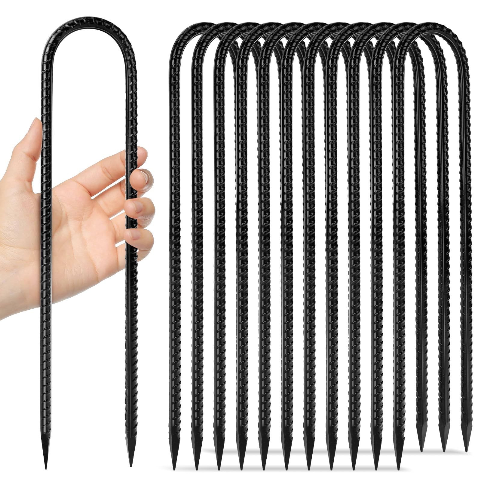 Homwin 12 inches 12-Pack Trampoline Stakes U-12″x5/16″-12pcs, U Shape-Black