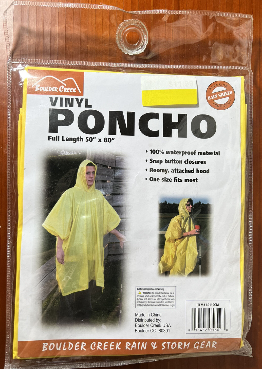 Waterproof Vinyl Rain Poncho Full Length 50″ x 80″ Boulder Creek Yellow