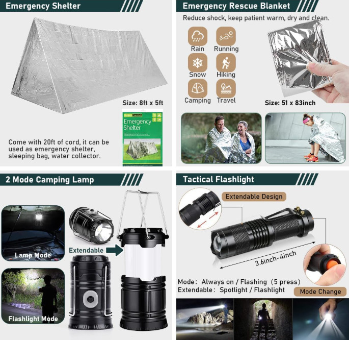 Survival Kit 262Pcs – Gear, First Aid, Tent, Axe, Shovel, Bug Out Bag for All