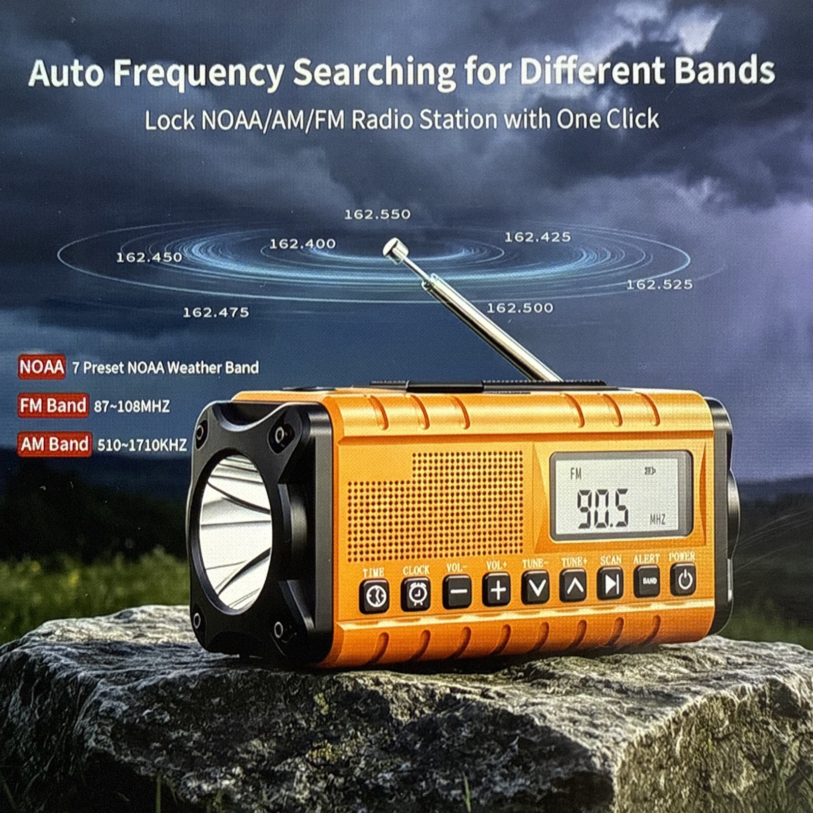 10000mAh/37000mWh Portable Emergency/Weather Radio, AM FM Auto Scan, Solar, LED