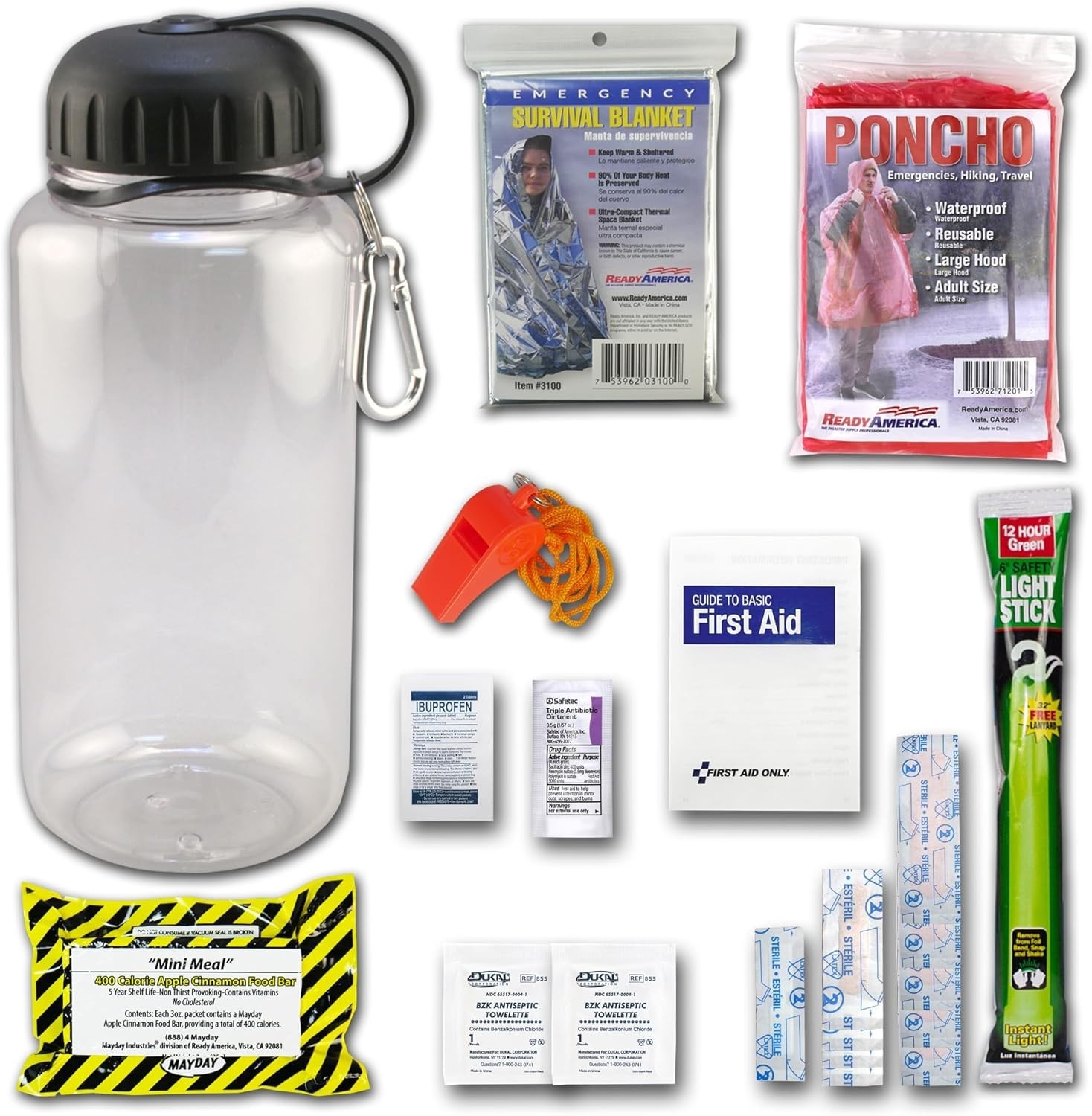 Emergency Preparedness Kit with Water Bottle Food Bar and First Aid Essentials
