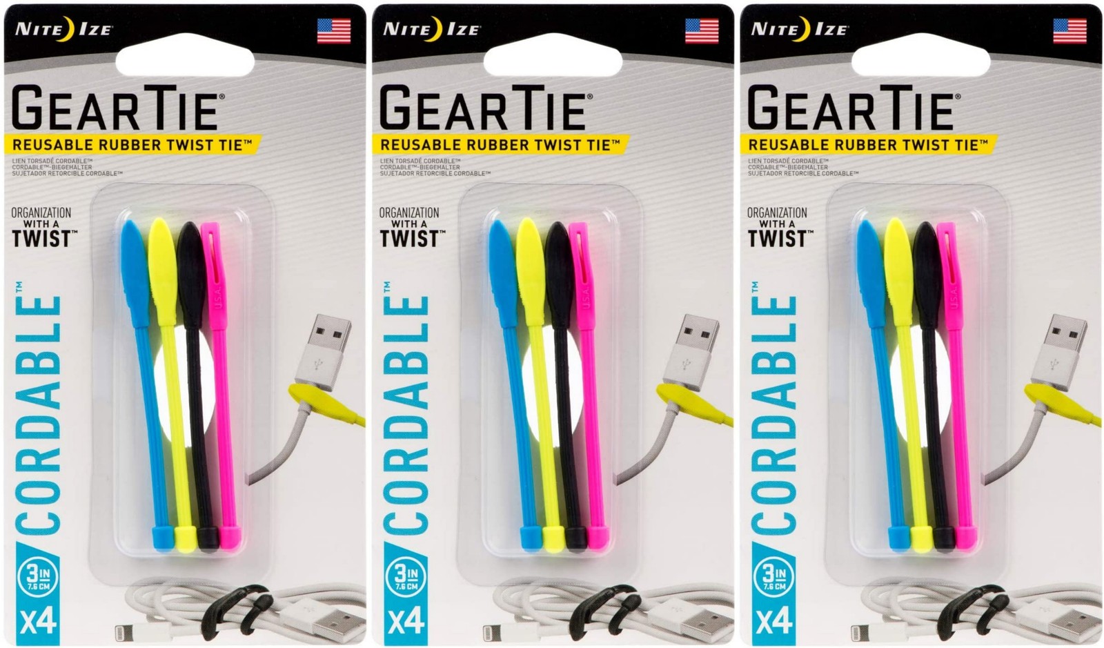Nite Ize 4-Pack Gear Tie Cordable Twist Tie, 3″ – Assorted Colors (3-Pack)