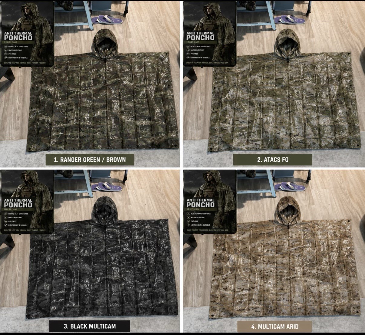 Anti-Thermal Multicam Poncho Water Resistant Lightweight PVC-Free Camping