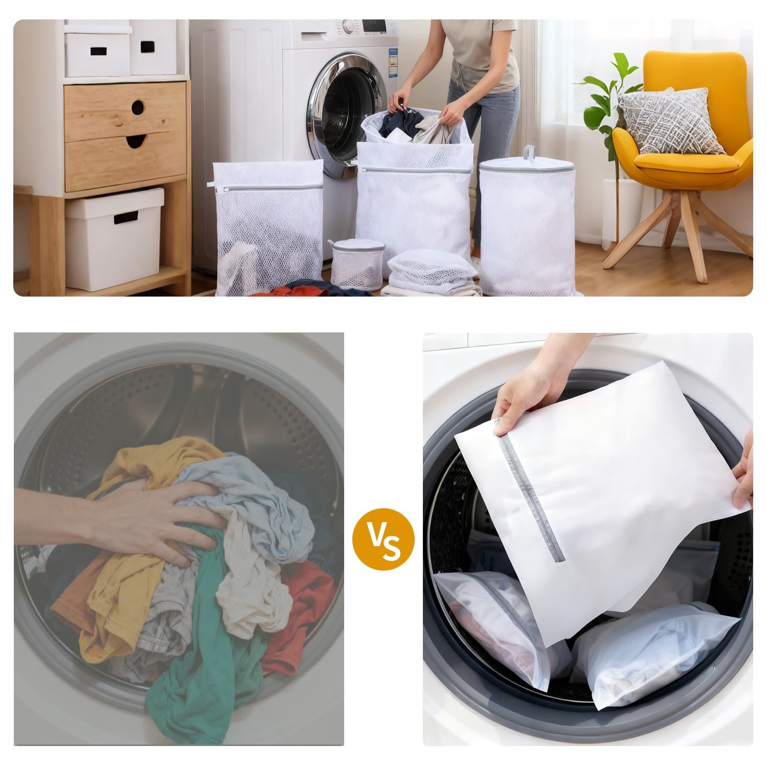 Mesh Laundry Bags 5 Pcs, with Sturdy Zipper Openings, Protect 5 pcs, White