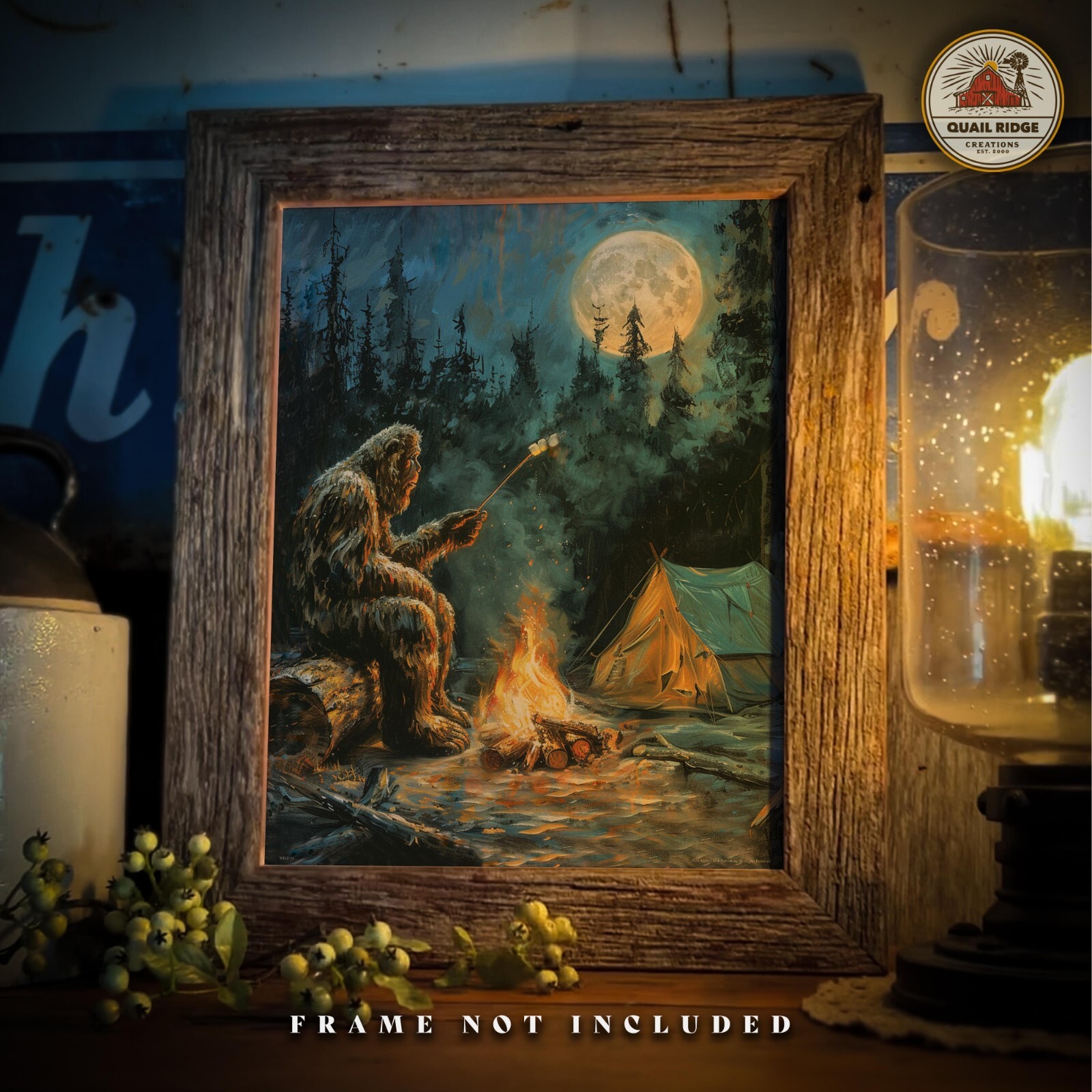 Vintage Sasquatch Bigfoot Art Print RV Camping Artwork Cabin Wall Decor Gift