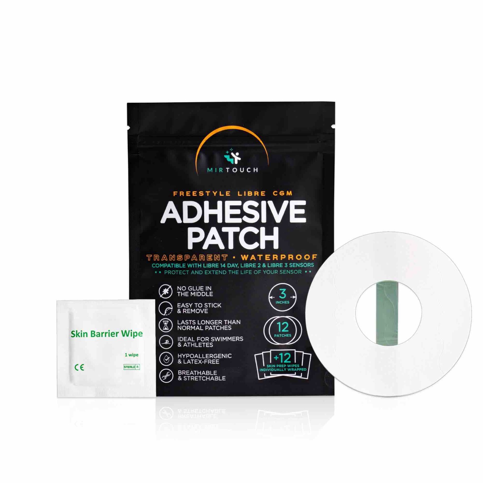 12 Transparent Waterproof Patches for Libre 1, 2, 3 CGM Sensors + 12 prep wipes