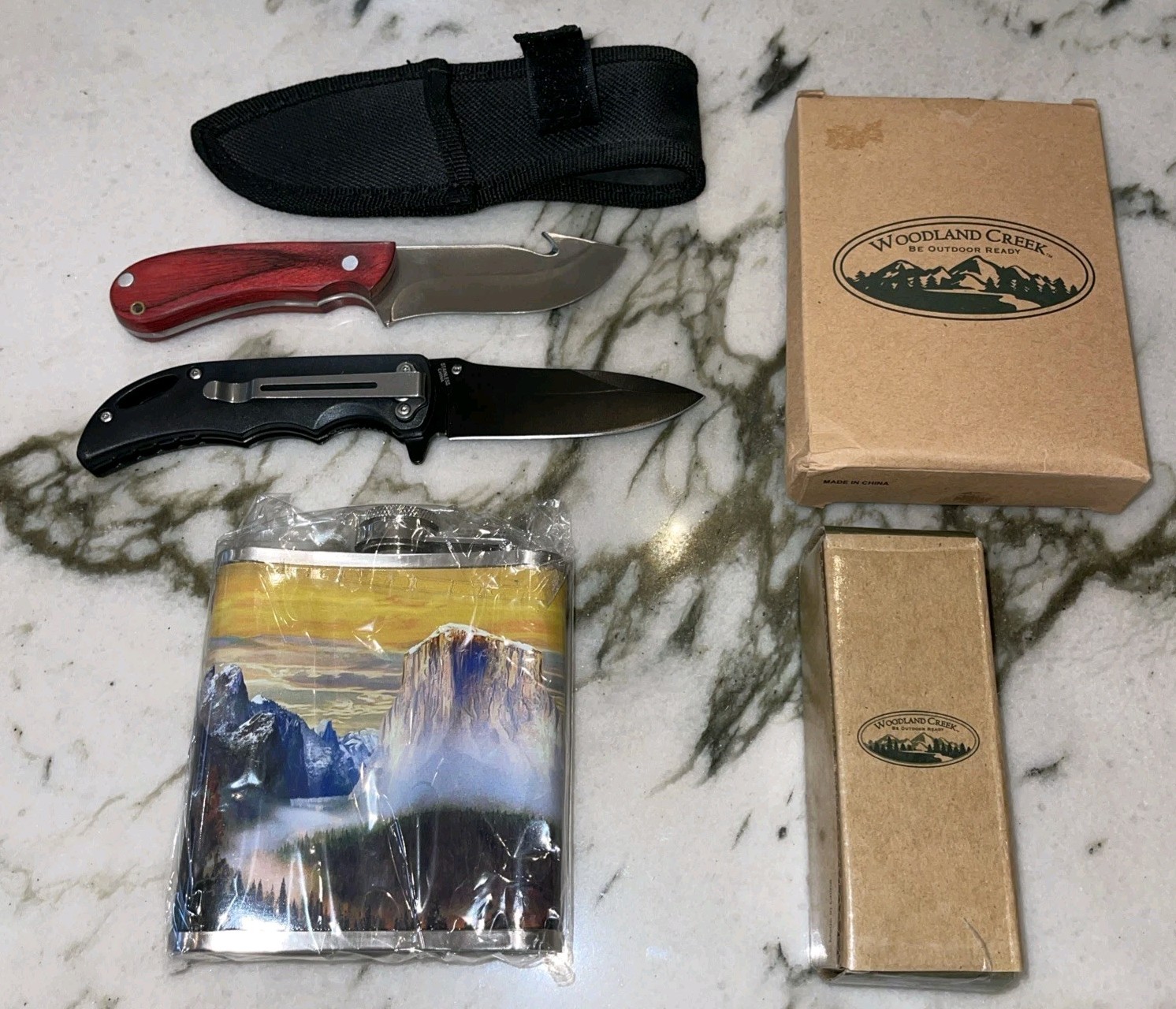 2 knives, one sleeve, one flask, Woodland Creek Be Outdoor Ready Survival Knife