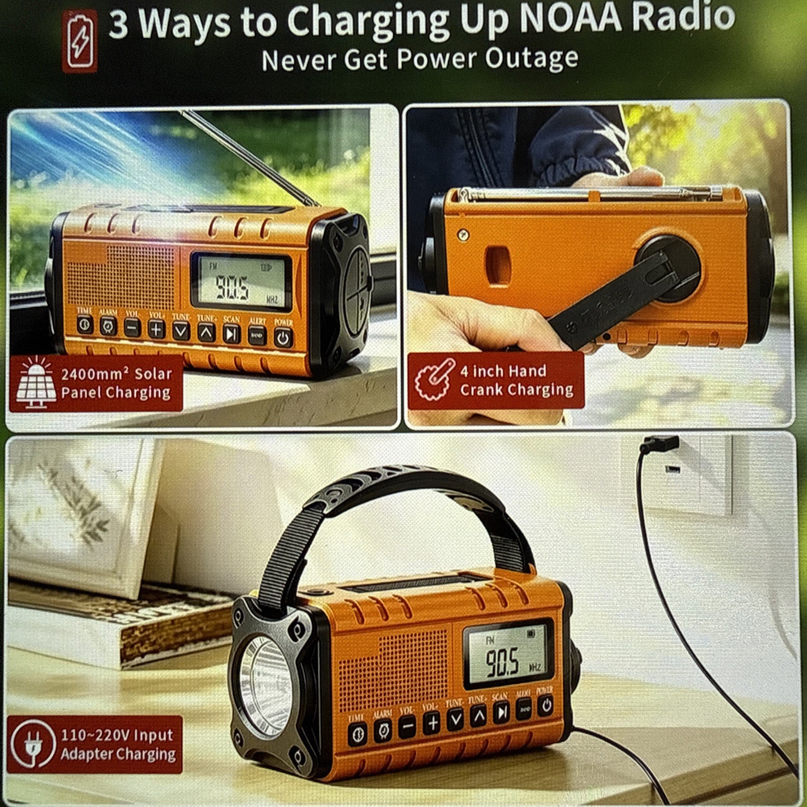 10000mAh/37000mWh Portable Emergency/Weather Radio, AM FM Auto Scan, Solar, LED