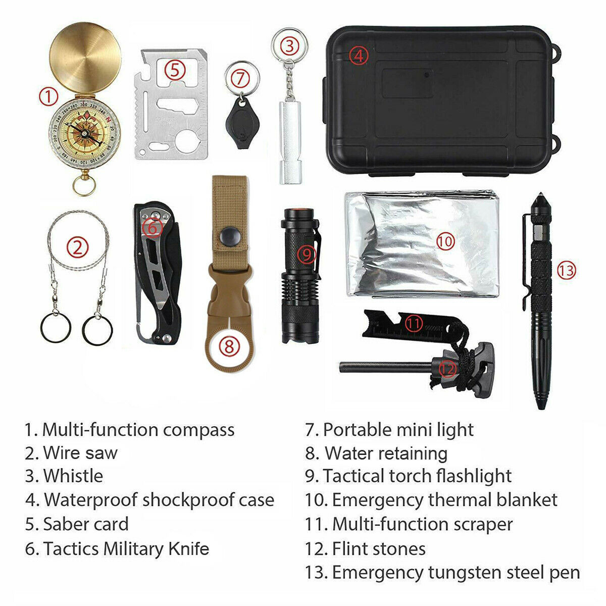 Survival Gear Kit 14-in-1 – Outdoor Emergency Camping & Hiking Tools w/ Case