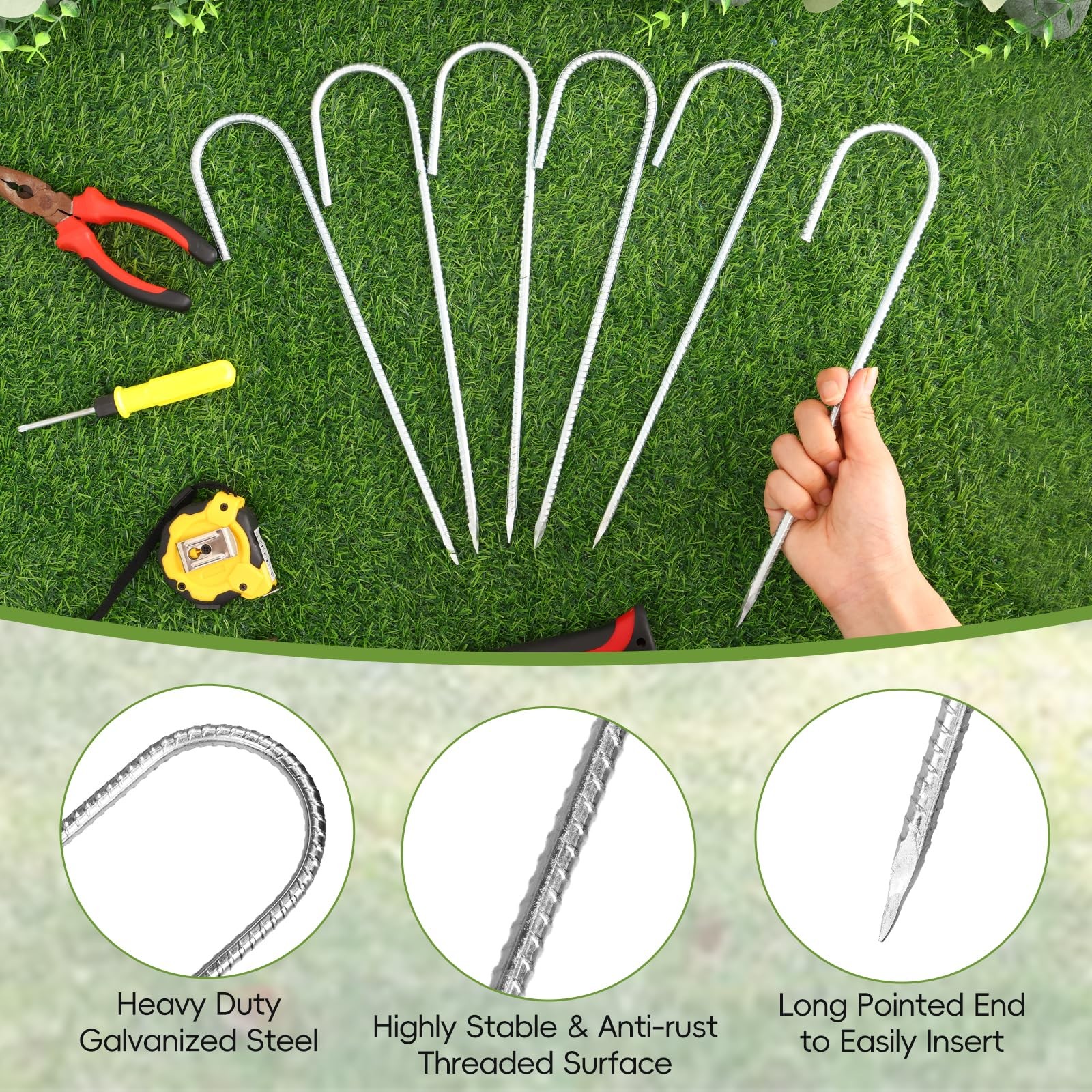 CEWOR 6 Pack 12 Inch Rebar Stakes, J Hook Tent Stakes Heavy J Hook, Silver