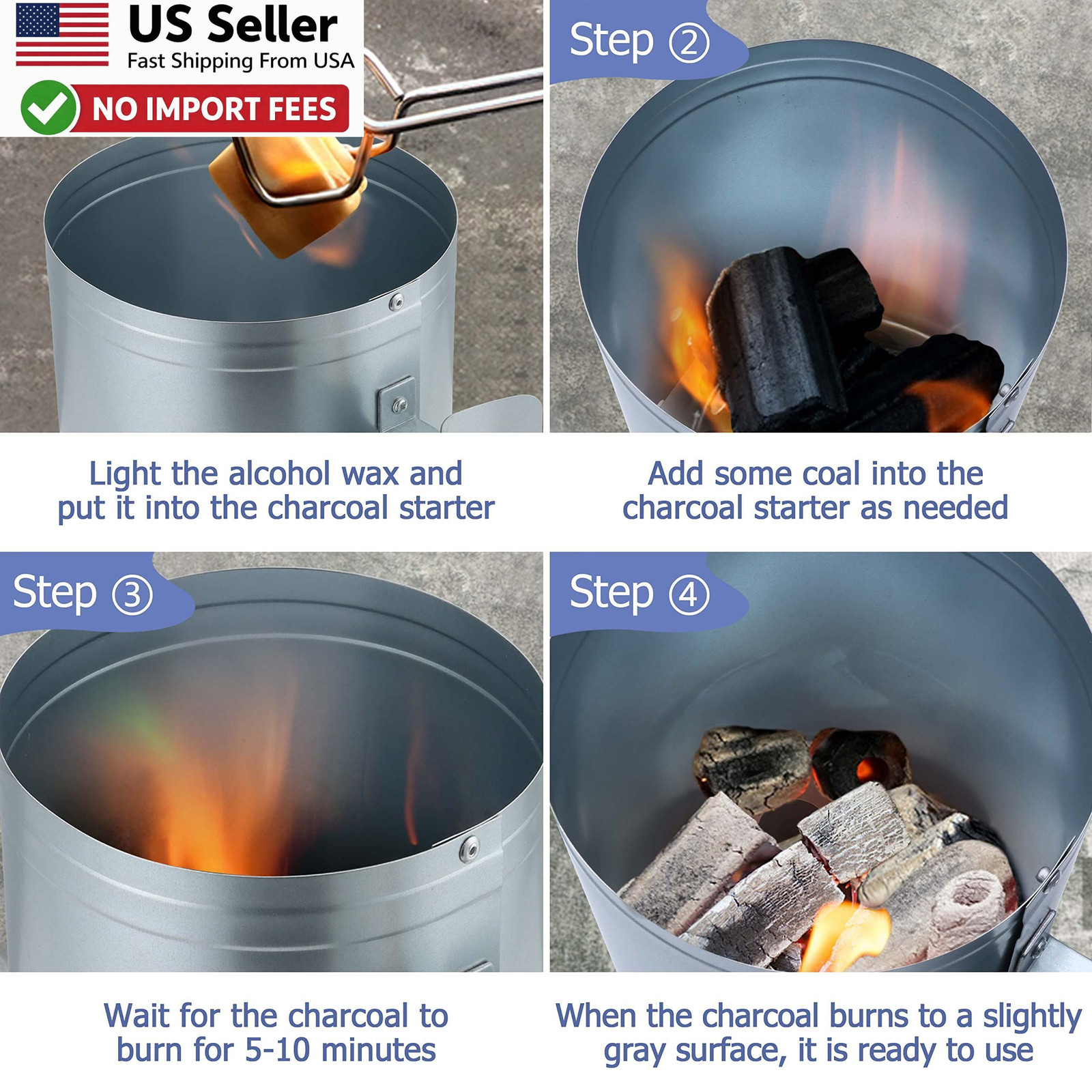 Joyfair Charcoal Chimney Starter BBQ Fire Starter with Clamp Wood Handle FROM US