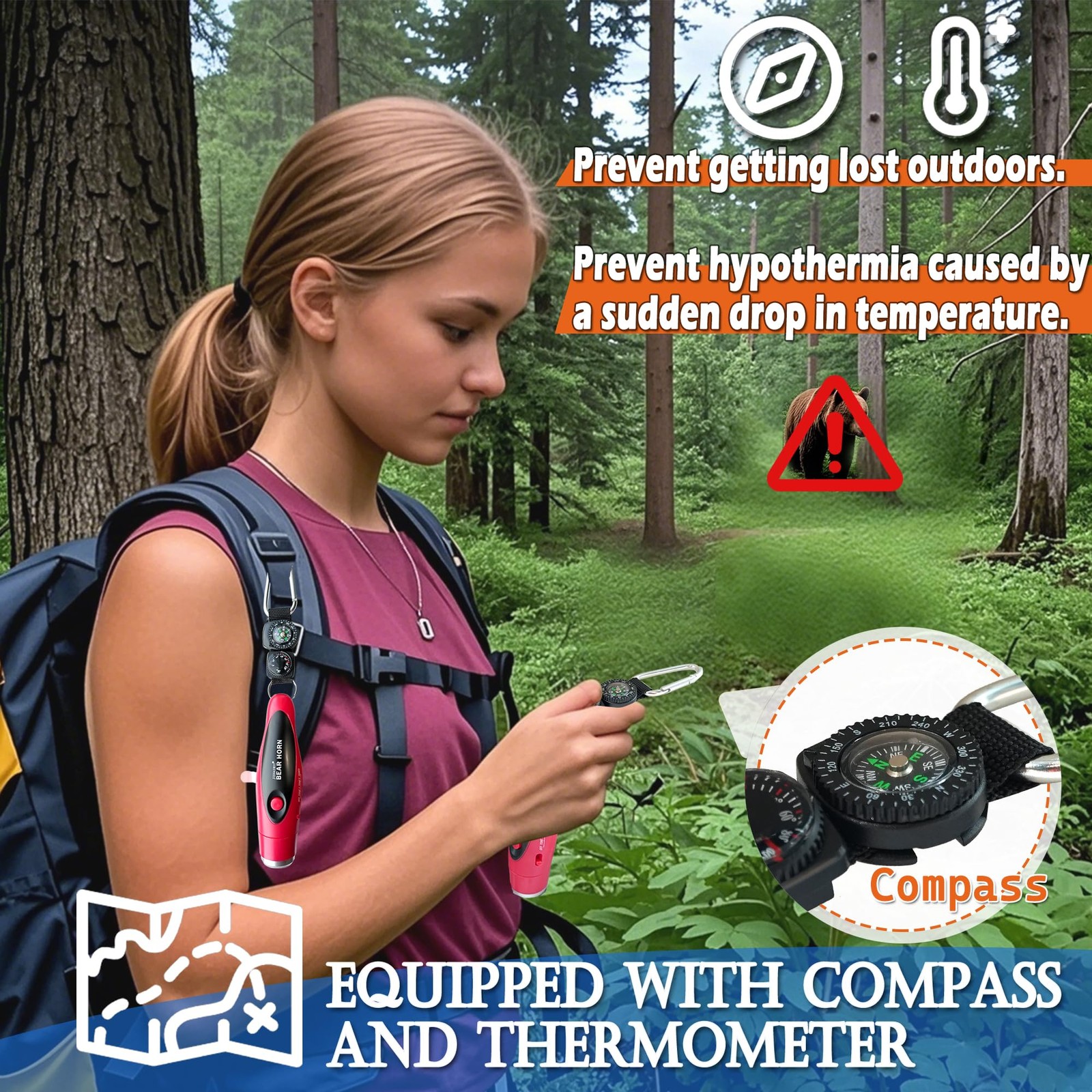 120dB Electronic Air Horn with Compass & Thermometer- Bear Horn to Scare Bear…