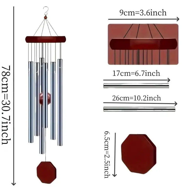 New Retro Wood Aluminum Wind Chime 6 Tube Balcony Decor Fast Shipping