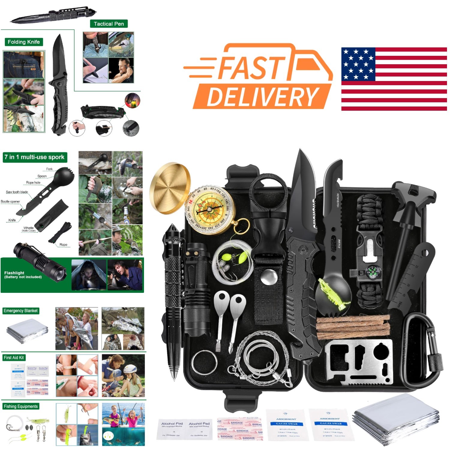 Survival Kit 35 In 1 First Aid Gear Compact Tool Set for Camping Hiking Fishing