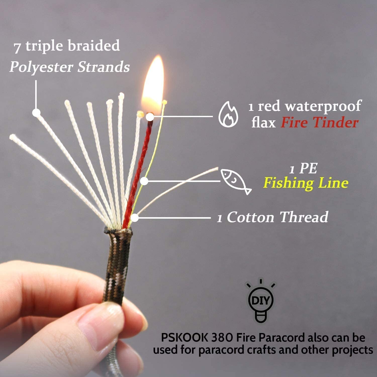 PSKOOK Survival Paracord Parachute Fire Cord Survival Ropes Red Tinder Cord P…