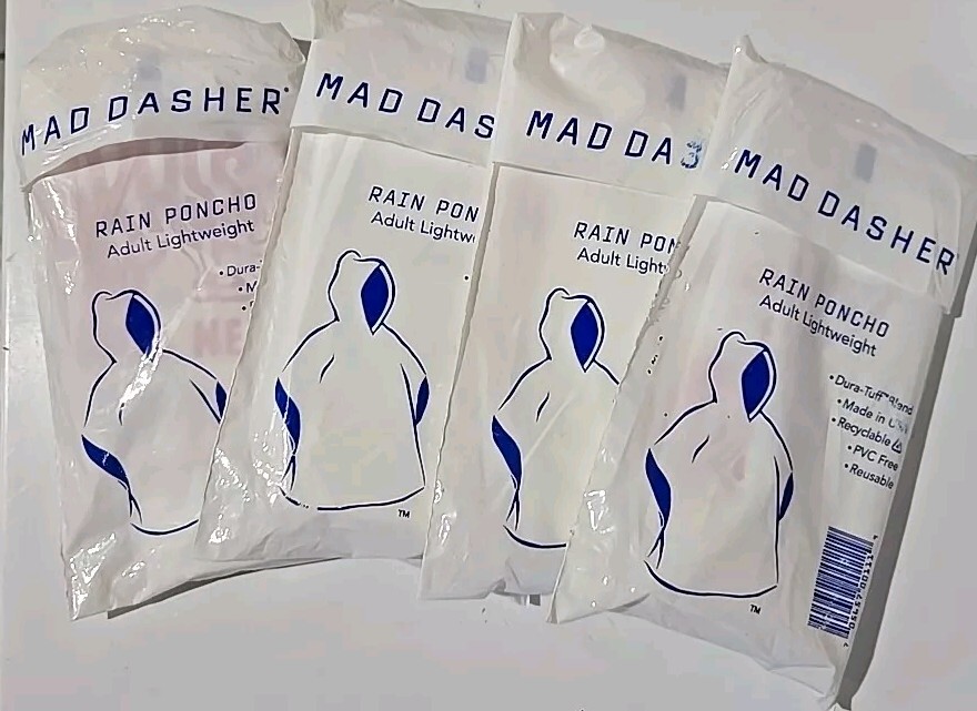 MAD DASHER ADULT HOODED PLASTIC RAIN PONCHO, Grasshopper Mower Logo, New, 4 PK
