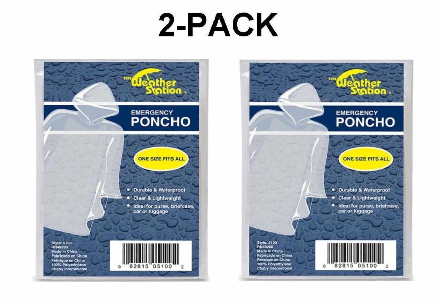 Weather Station Emergency Poncho Clear Lightweight One Size fits all – 2 Pack