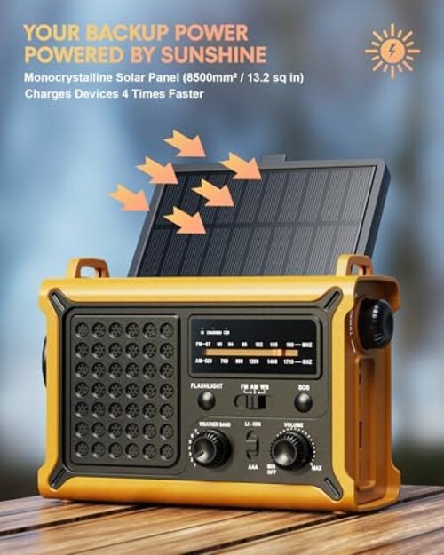Hand Crank Emergency Radio Solar with 12000mAh Power Bank, Yellow + Black