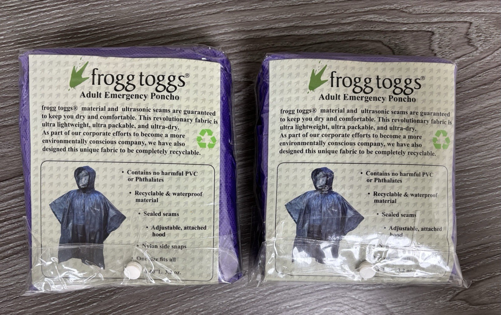 2 X Frogg Toggs Adult Emergency Poncho Purple One Size Fits All 44″W x 40″L NWT