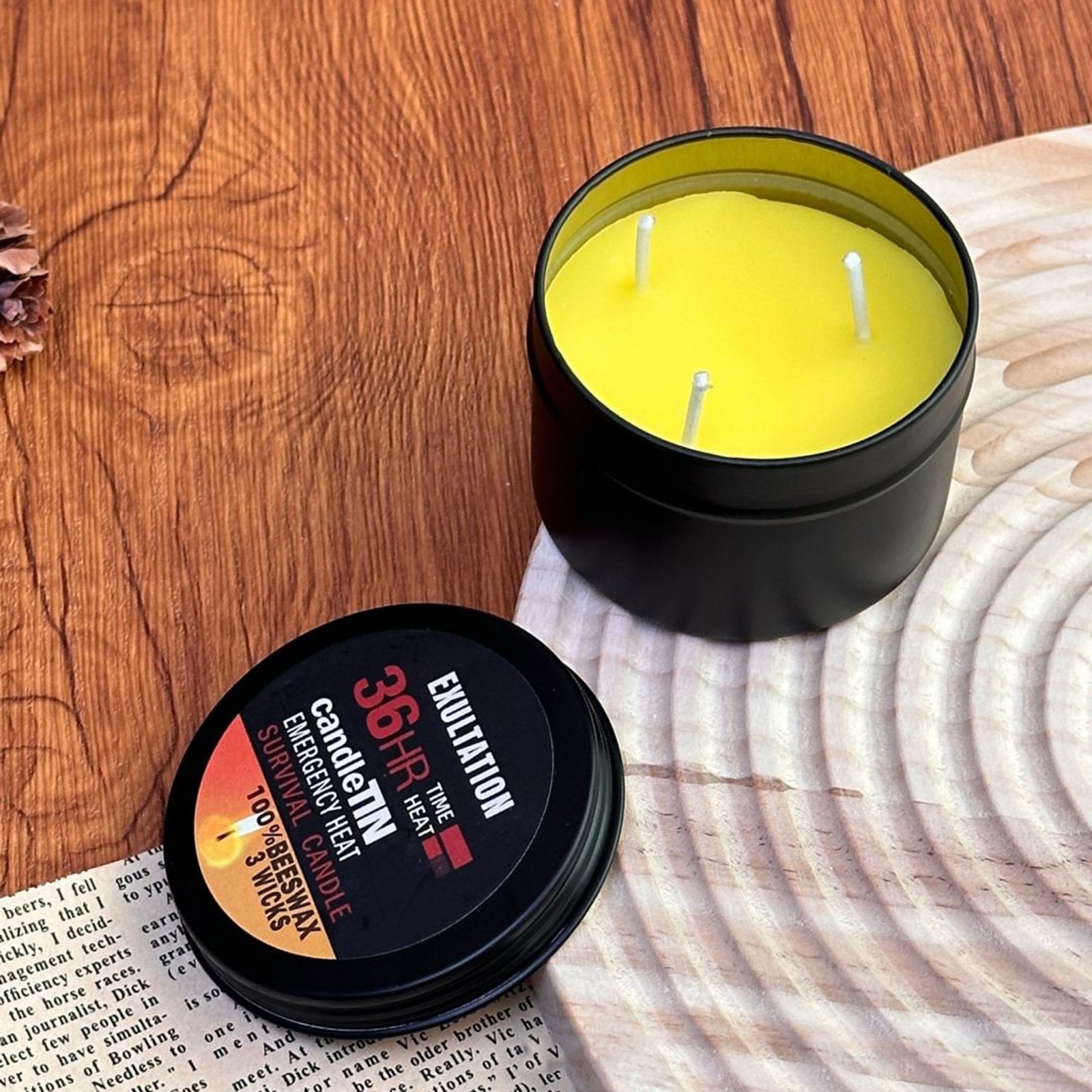 Survival Candle Tin 100% Natural Beeswax 3-Wick Candle Outdoor Camping Emergency