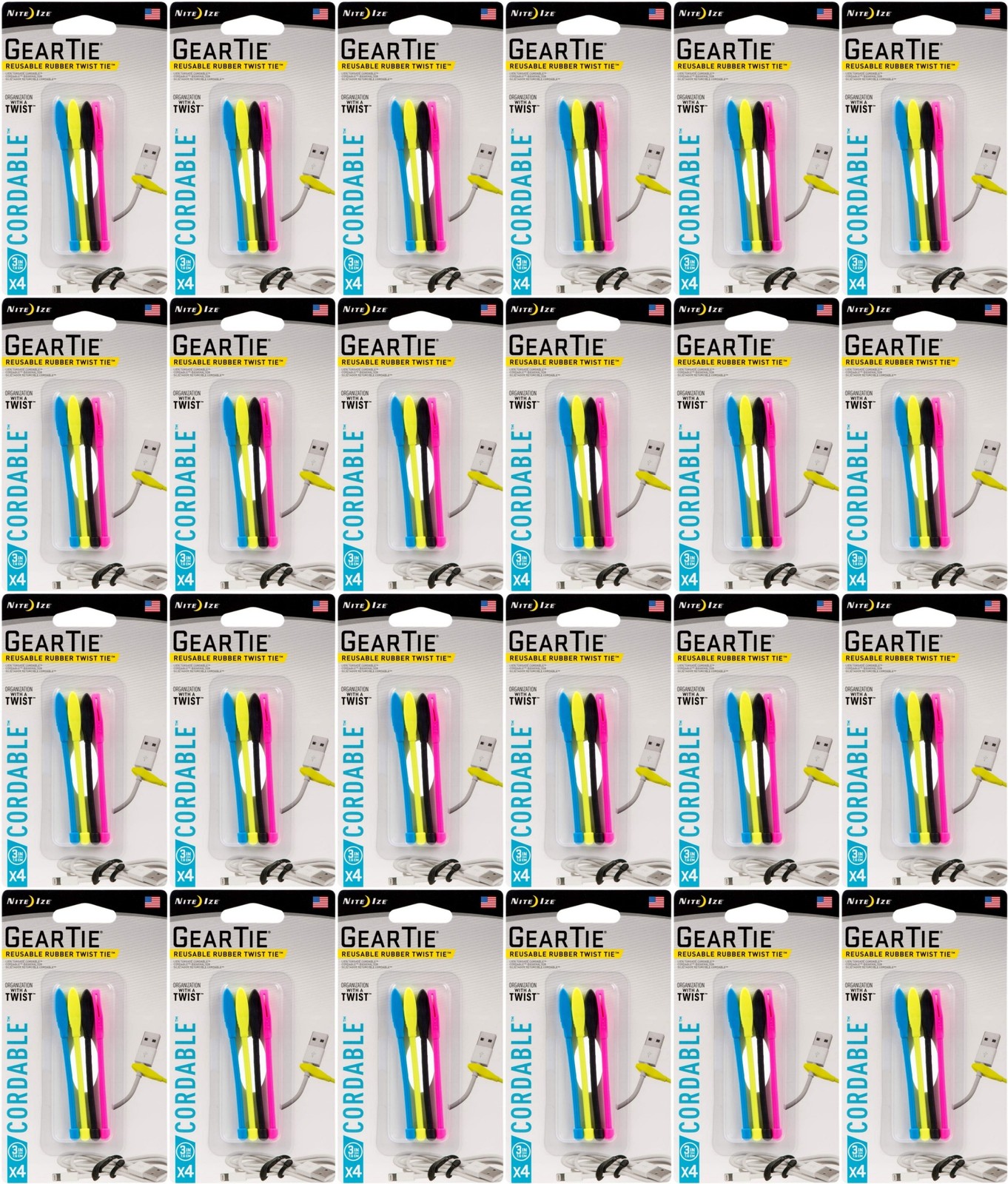 Nite Ize 4-Pack Gear Tie Cordable Twist Tie, 3″ – Assorted Colors (24-Pack)