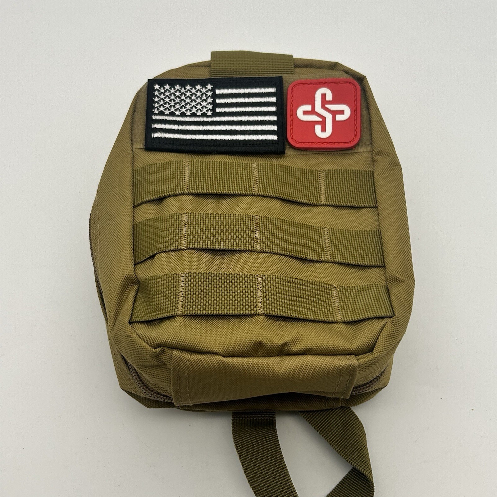 Tactical MOLLE Medical Pouch IFAK Utility Bag Tan Empty w/ Strap Patch USA Flag