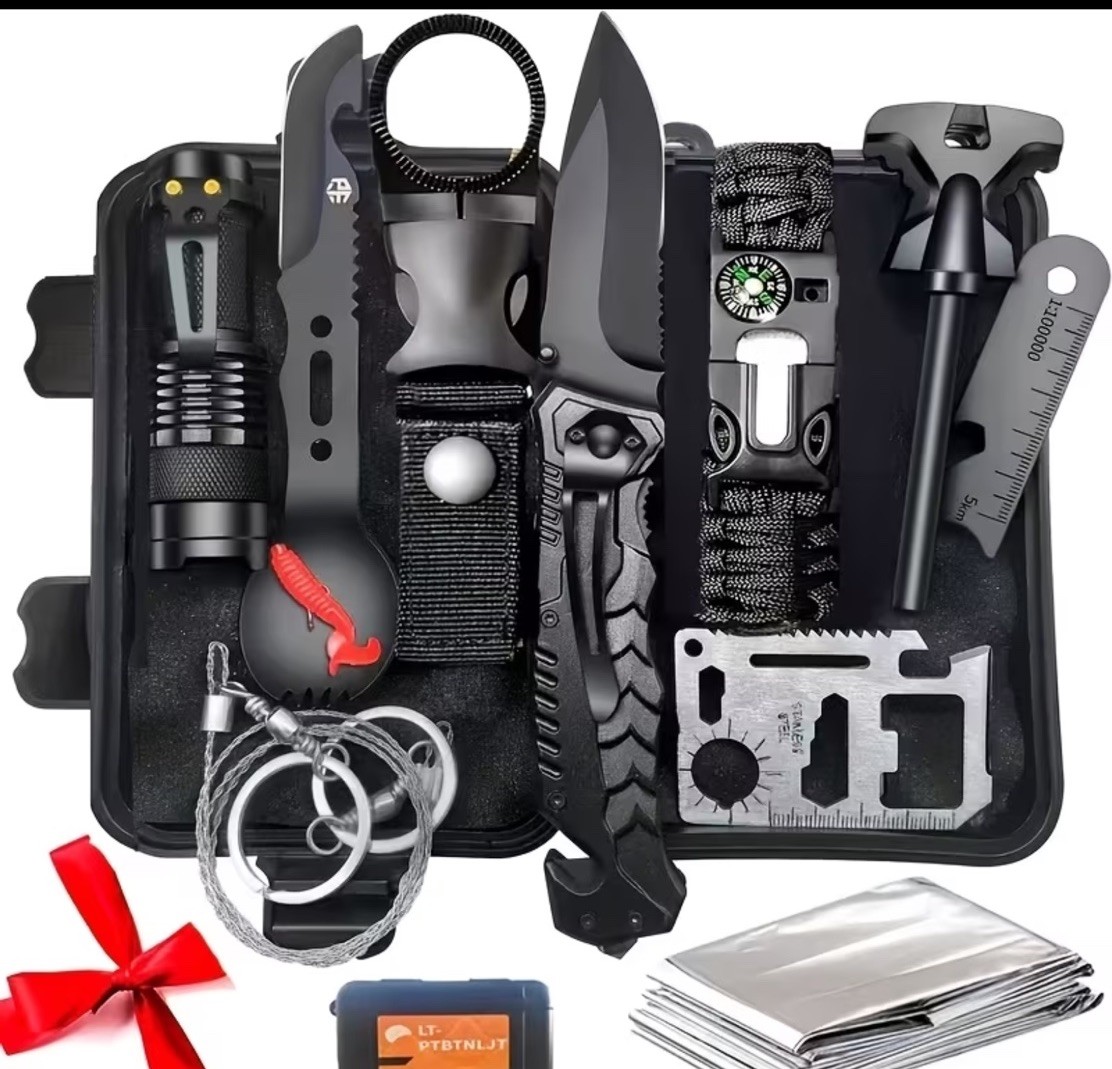 Multi Piece Survival Kit Compass Saw Knife Solar Blanket Firem Starter Lanyard