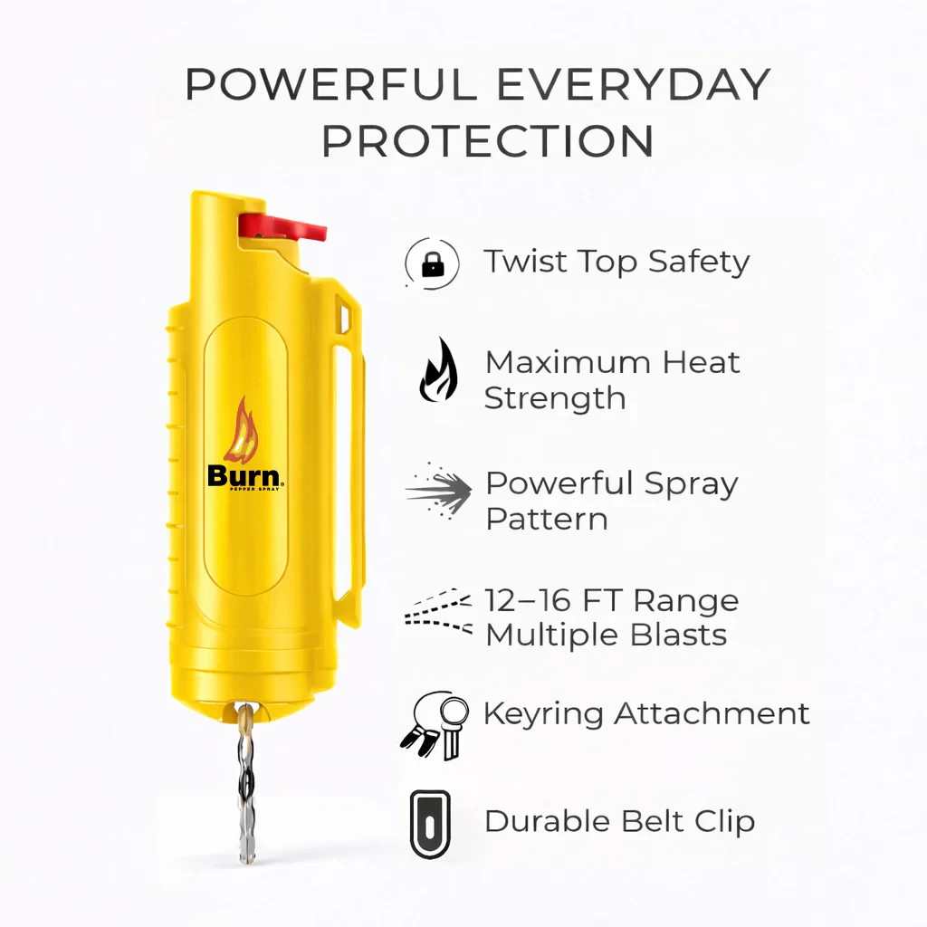 BURN Pepper Spray Keychcain Self Defense 1/2oz Security Case Yellow – 2 PACK