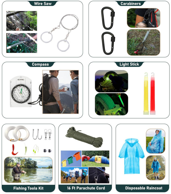 Survival Kit 262Pcs – Gear, First Aid, Tent, Axe, Shovel, Bug Out Bag for All