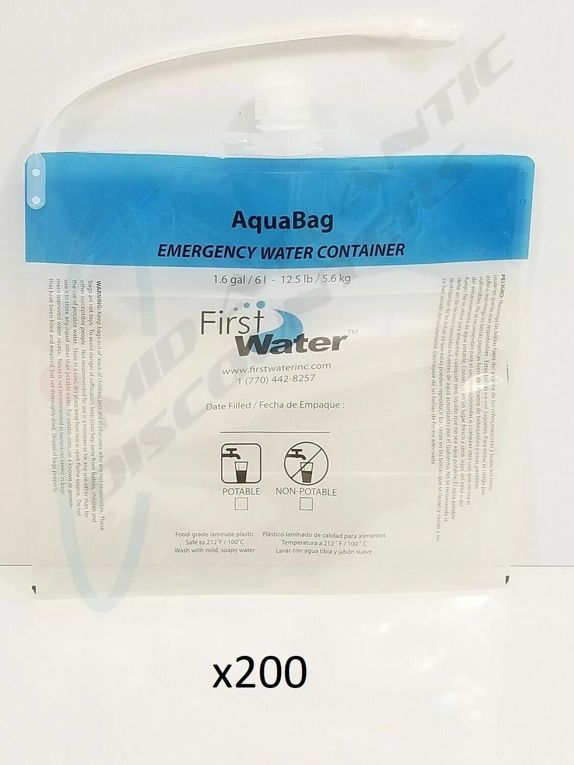 200 First Water AquaBag-1206 Drinking Emergency Water Container 1.6 Gal