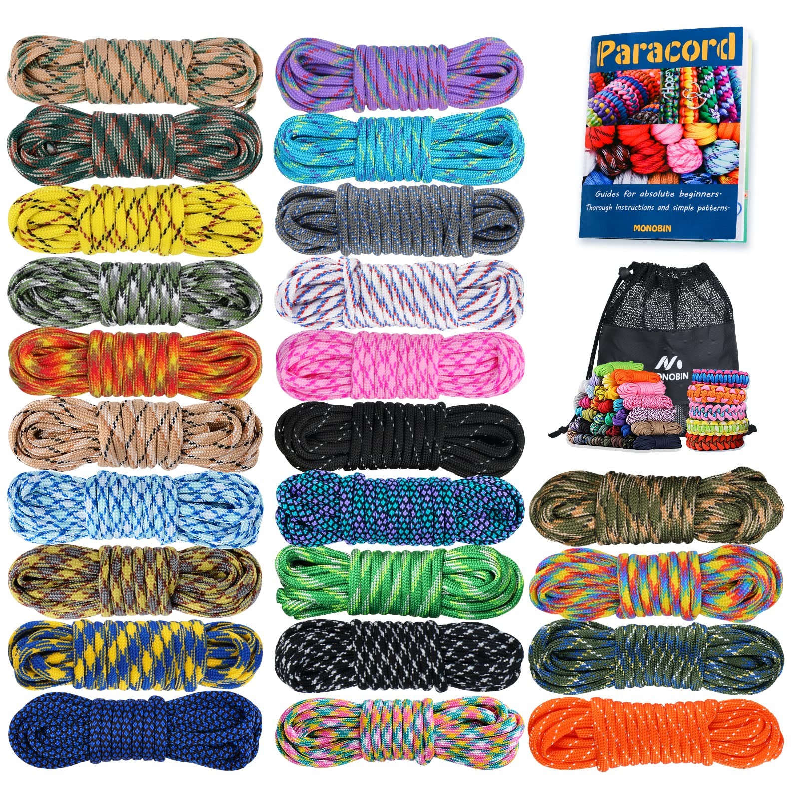 MONOBIN 24 Colors 10ft Paracord Rope with Red，blue，black，teal，pink