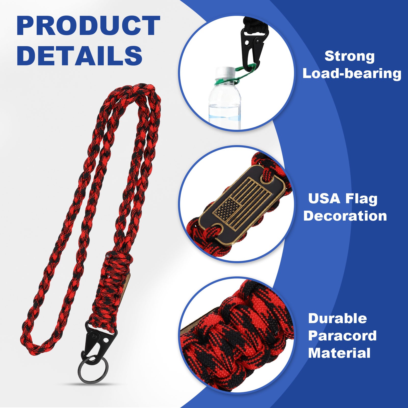 Paracord Lanyard, Strong Lanyard with USA Flag, Red Black Camouflage