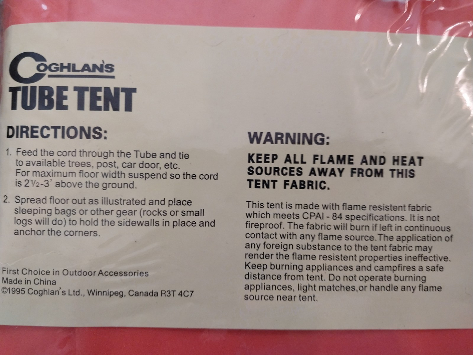 Vintage Coghlans 8760 Tube Tent Lightweight Emergency Shelter